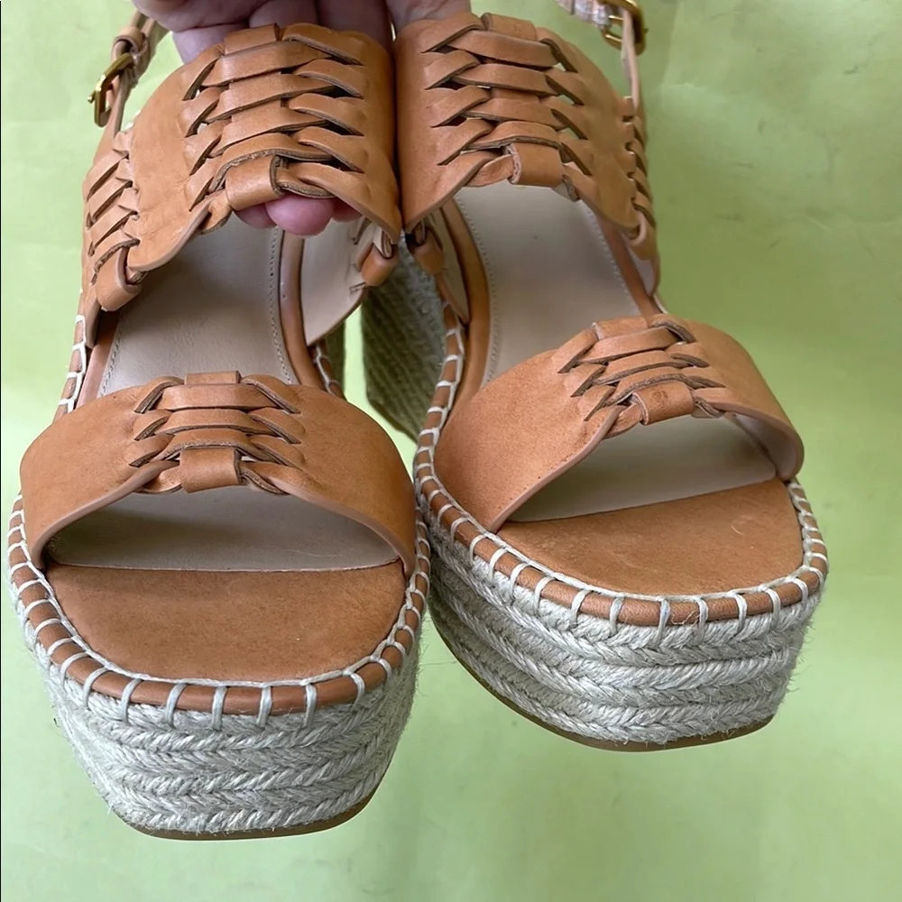 New Caramel Veronica Beard Espadrille Wedge Shoes with Leather Braided Trim